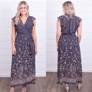 NWT lovestitch Charlotte dress grey floral maxi dress wrap dress sheer